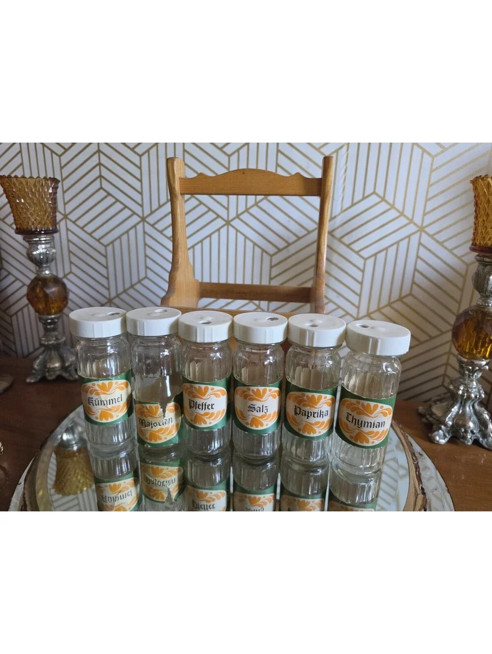 Vintage Wooden Spice Caddy W 6 Glass Jars With Dispenser Lids